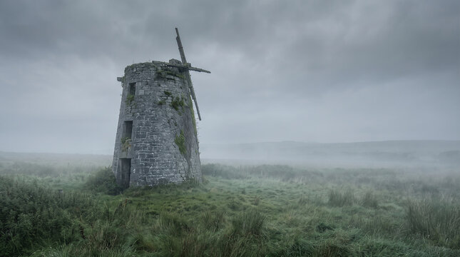 Dilapidated windmill standing in misty field during dark atmosphere day.