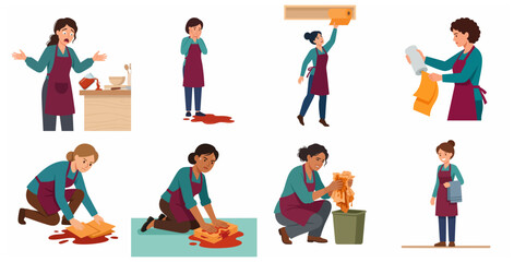 Fototapeta premium Set of characters cleaning up household spills and red liquid messes using paper towels and cloths