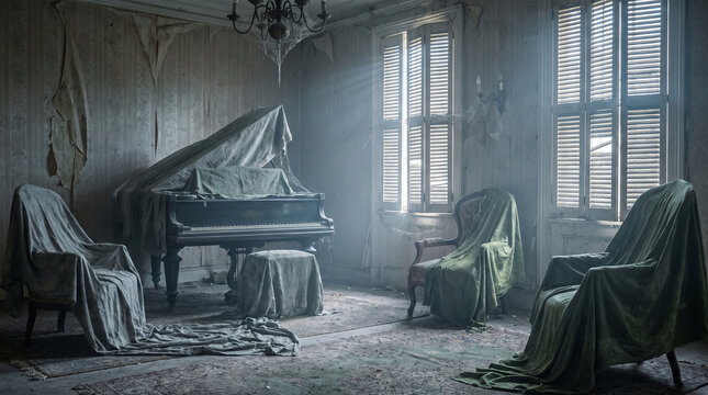 Abandoned vintage room with covered piano and dusty rays of sunlight.