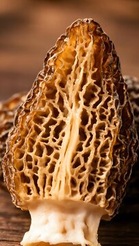 Cross Section of a Golden Morel Mushroom with Intricate Honeycomb Texture