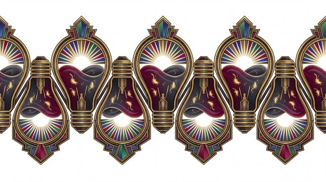 Art deco lightbulb ornamental border with murky liquid and golden brine shrimp pattern