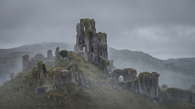 Dilapidated medieval castle ruins sit atop misty hill under grey sky.