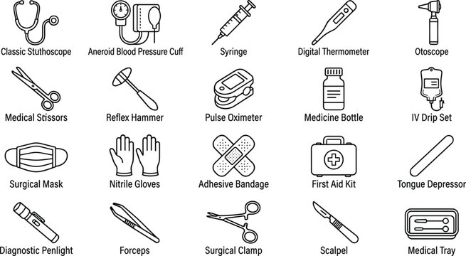 Medical and Healthcare Equipment Outline Icon Set with Doctor Tools and Surgical Instruments for Hospital UI Websites and Graphic Designs