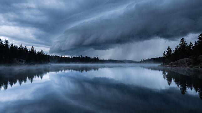 Dramatic shelf cloud over calm lake creates powerful stormy reflection.