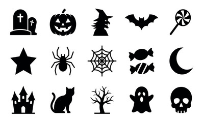 Fototapeta premium Halloween vector icons set with pumpkin, ghost, witch, bat, and skull silhouettes