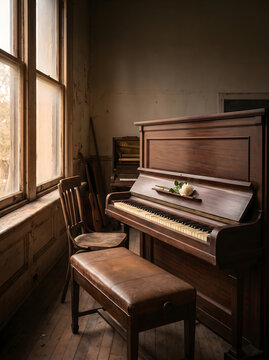 Copertina libro amore with an old upright piano and a single white rose by a bright window in a vintage room