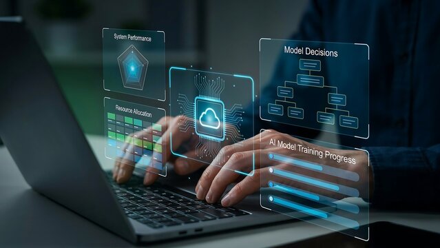Business analytics and data visualization on a laptop screen showing cloud computing and system performance with a person typing on the keyboard