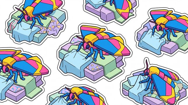 Isometric vector stickers of geometric needle-felted moths tangled in piles of folded bed sheets