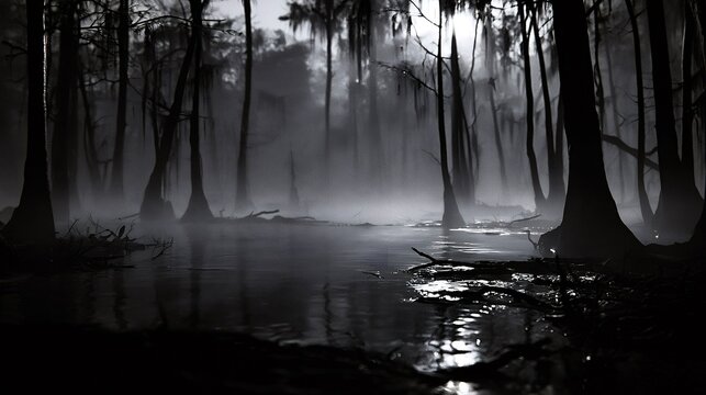 Misty swamp at night with cypress trees reflection