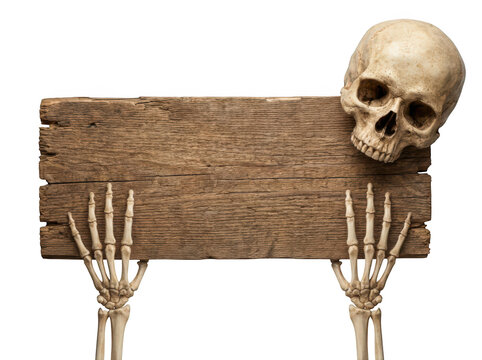 Human skull and skeleton hands holding a rustic wooden sign isolated on transparent background