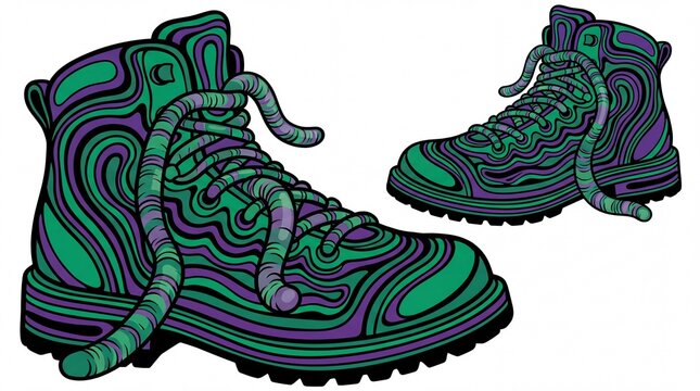 Pair of psychedelic 70s vector art hiking boots with earthworm laces in green and purple