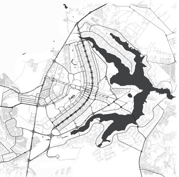 Minimal vector city map of Brasilia with streets, parks and Paranoa Lake
