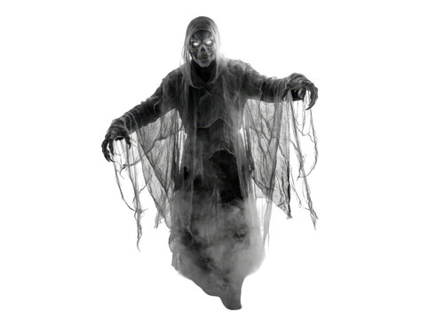 Scary ghost with glowing eyes and tattered robes floating in smoke isolated on transparent background