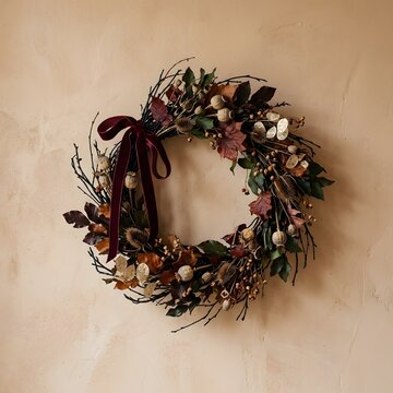 autumn dried botanical wreath with burgundy velvet bow on textured beige wall