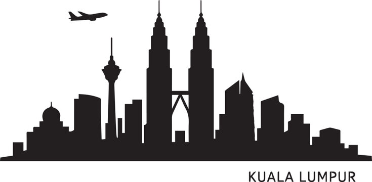 Minimalist black and white graphic illustration of the kuala lumpur city skyline with a plane in silhouette