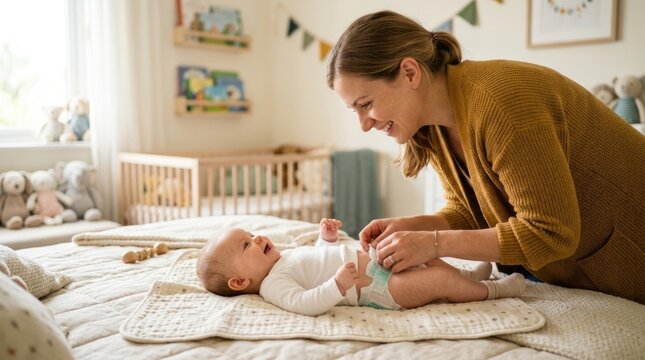 Smiling Mother Changing Diaper of Happy Baby on Bed in Cozy Nursery at Home