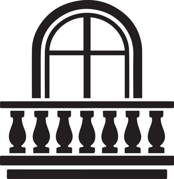 Black architectural icon of a classic arched window with a decorative balcony railing silhouette