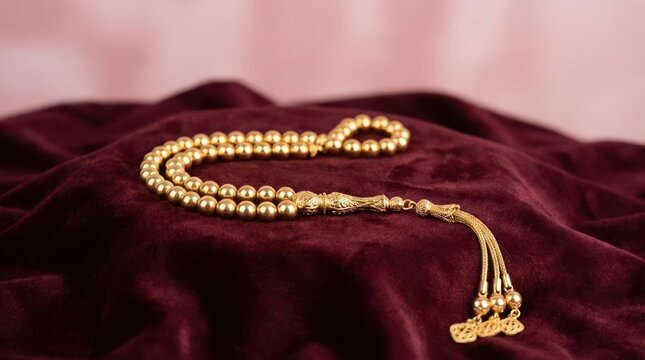 Gold prayer beads on purple velvet fabric background.
