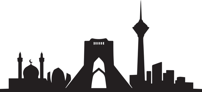Tehran skyline silhouette featuring azadi tower and milad tower silhouette