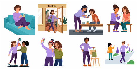 Fototapeta premium Diverse Women Characters Set in Various Daily Life Activities and Social Interactions Using Technology