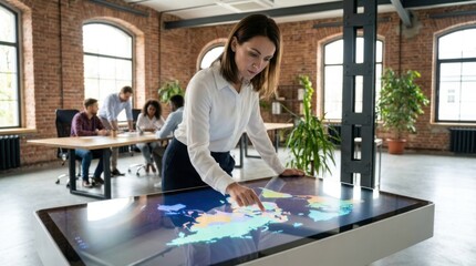 Obraz premium Professional woman interacting with large interactive digital map in modern office workspace