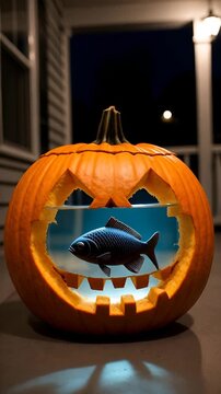 Jack-o-lantern aquarium with toy goldfish silhouette on night porch