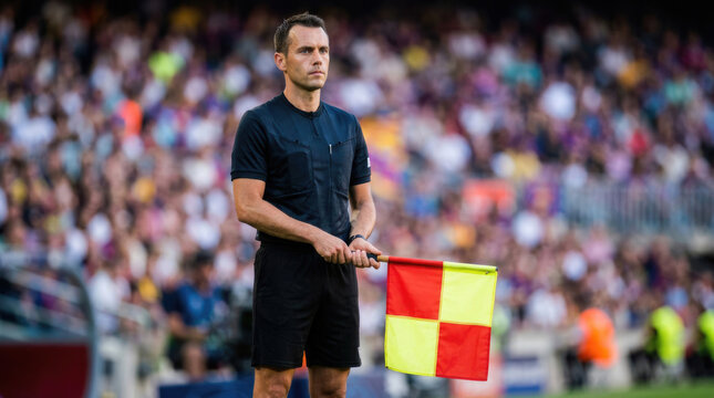 Professional Assistant Referee Holding Checkered Flag During Soccer Match in Crowded Stadium