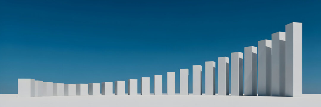 A3d rendered bar chart showing a steady upward growth trend with white rectangular pillars arranged against a clear deep blue sky background