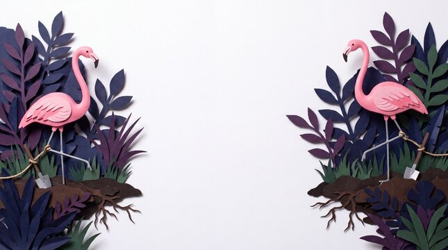 Handmade paper cut illustration of flamingos pulling legs from soil frame with copy space