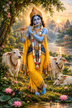 Hindu deity playing flute with cows in peaceful lotus garden