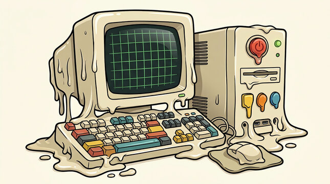 Desktop computer monitor technology in retro vintage melting of keyboard slime hardware pc tech screen