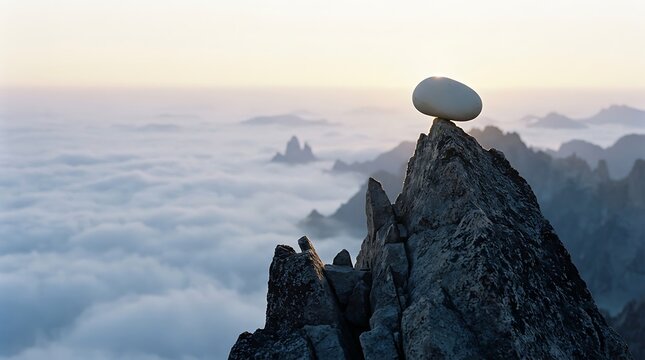 An ace moment of balance with a smooth stone perched perfectly on a rugged mountain peak above a sea of clouds