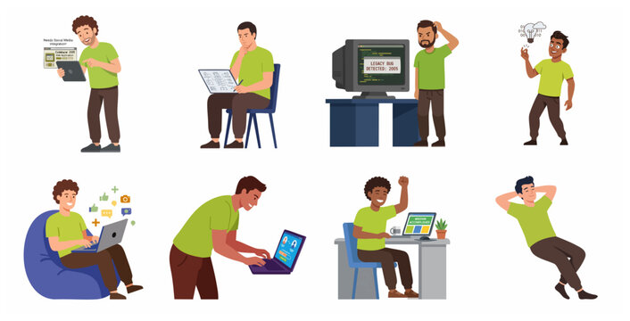 Programmer character set showing various stages of software development workflow, from planning and debugging to successful completion and relaxation. Vector flat illustration.