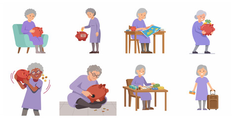 Fototapeta premium Senior Woman Saving Money for Travel Character Set with Piggy Bank and Suitcase