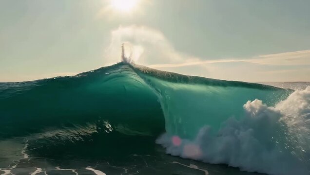 A massive ocean wave curling and breaking directly toward the camera backlit by radiant golden hour sunlight to highlight water droplets liquid velocity and coastal wonder