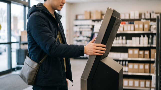 Man using a self service kiosk in a retail store