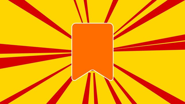 Bookmark symbol on the background of animation from moving rays of the sun. Large orange symbol increases slightly. Seamless looped 4k animation on yellow background
