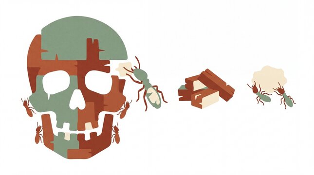 Layered paper cut vector of termites constructing a skull from wood pulp