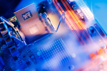 Obraz premium Computer chip installed on motherboard with glowing circuit traces for technology, top view