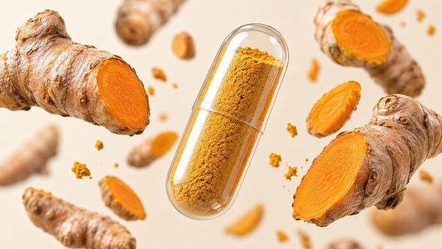 Turmeric powder in a clear capsule surrounded by sliced and whole turmeric roots floating on a neutral background.