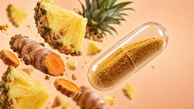 Transparent capsule containing turmeric powder floating with fresh pineapple and sliced turmeric root.
