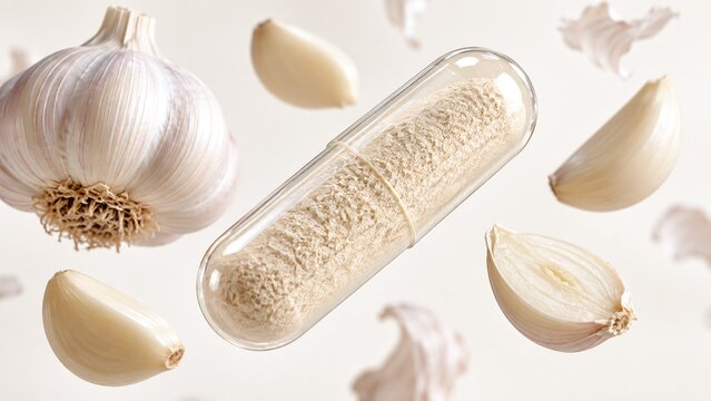 Garlic supplement capsule filled with herbal powder floating among fresh garlic cloves