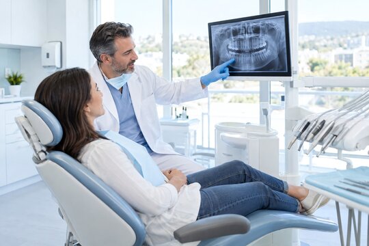 Dentist explaining an X ray to a patient in a dental chair