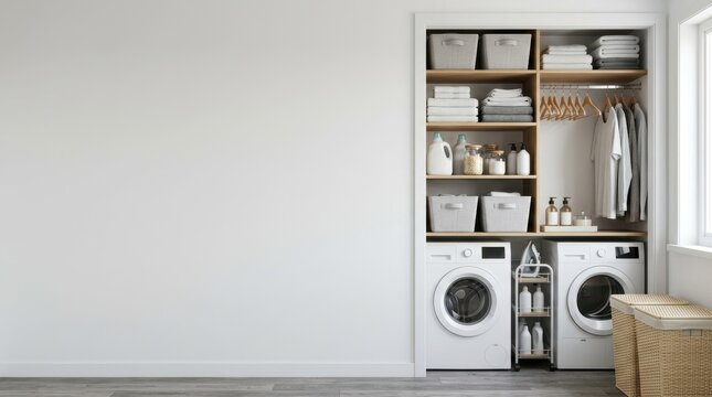 Organized small laundry room closet with washer and dryer. Built in shelving with sorted baskets and detergents. Minimalist laundry utility space banner