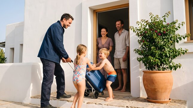 Courier delivering a lost blue suitcase to a family at their holiday apartment door