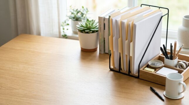 Organized home office desk with file folders and stationery organizer. Modern workspace setup with white mug and plants on light oak wood table