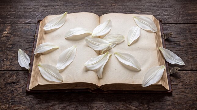 White lily petals on open vintage book pages