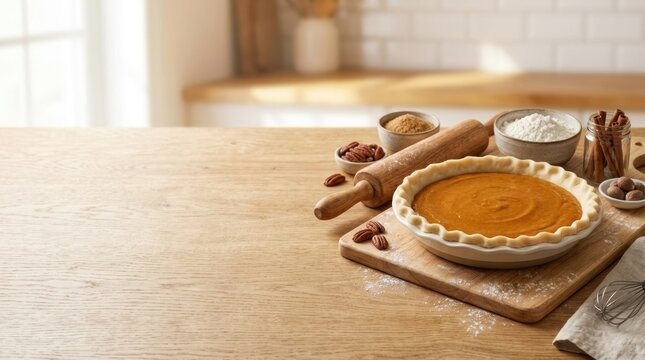 Unbaked pumpkin pie on a wooden cutting board in a cozy kitchen. Baking ingredients rolling pin pecans and spices for Thanksgiving dessert prep. Copy space