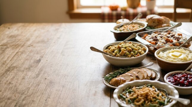 Thanksgiving potluck dishes on a rustic wooden table. Traditional holiday feast with copy space. Sliced turkey, mashed potatoes, and sweet potato casserole on dining table