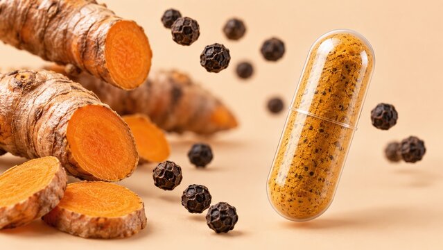 Turmeric curcumin capsule with black peppercorns and fresh turmeric root slices for health supplements.